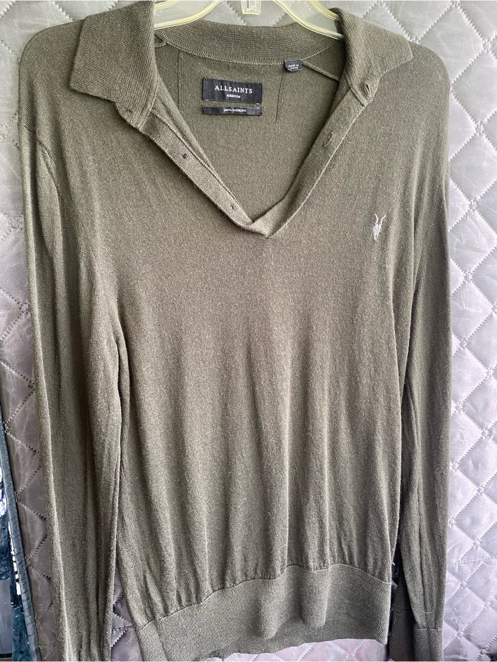 AllSaints Olive Green V-Neck Lightweight merino wool
